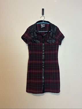 Killstar Black Red Plaid Short Sleeve Cut Out Button Down Fitted Dress Size XL